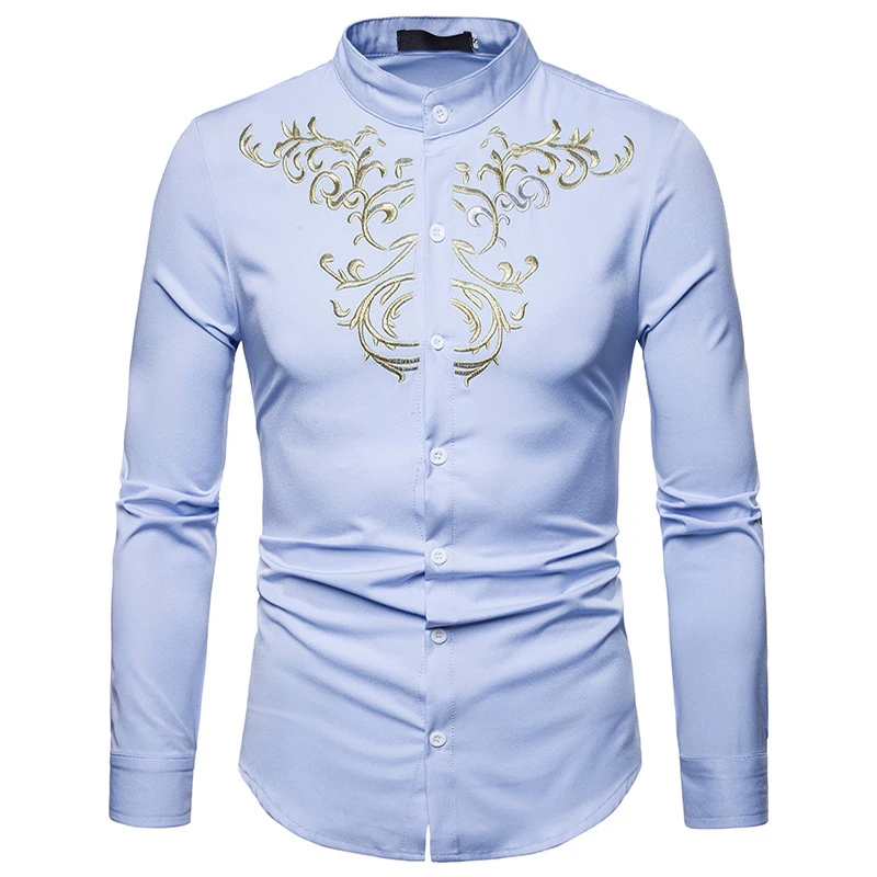 Fashion Mandarin Collar Embroidery Shirt Men 2021 Brand Long Sleeve Button Up Shirt Mens Party Business Casual Slim Fit Shirts