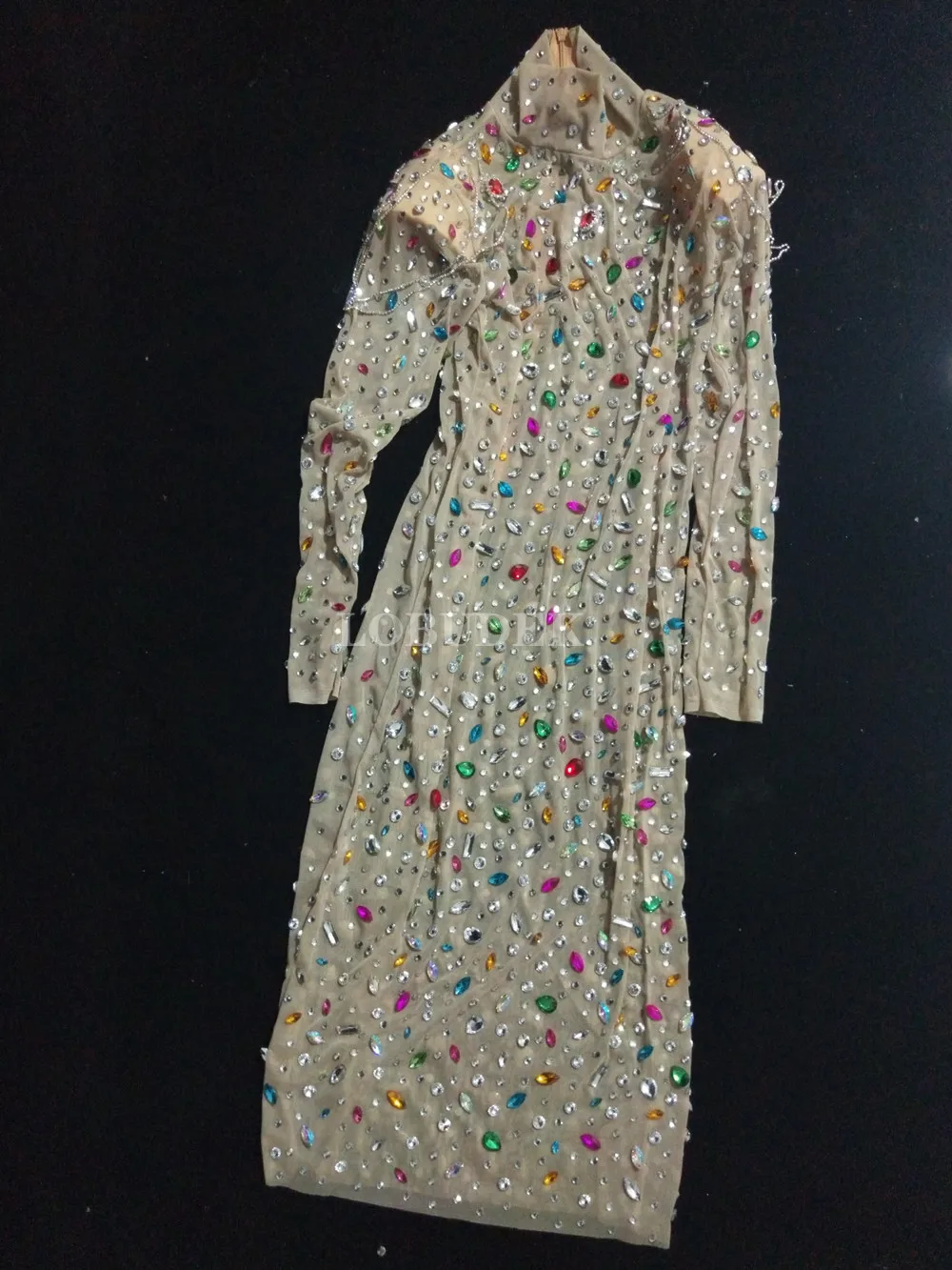 Fashion Sexy See Through Mesh Colorful Rhinestones Dress Women Birthday Evening Party Crystals Long Dresses Singer Stage Costume