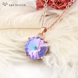 S&Z DESIGN New Fashion Simple Large Round Crystal Pendant Necklace 585 Rose Gold Color Chain For Women Wedding Jewelry