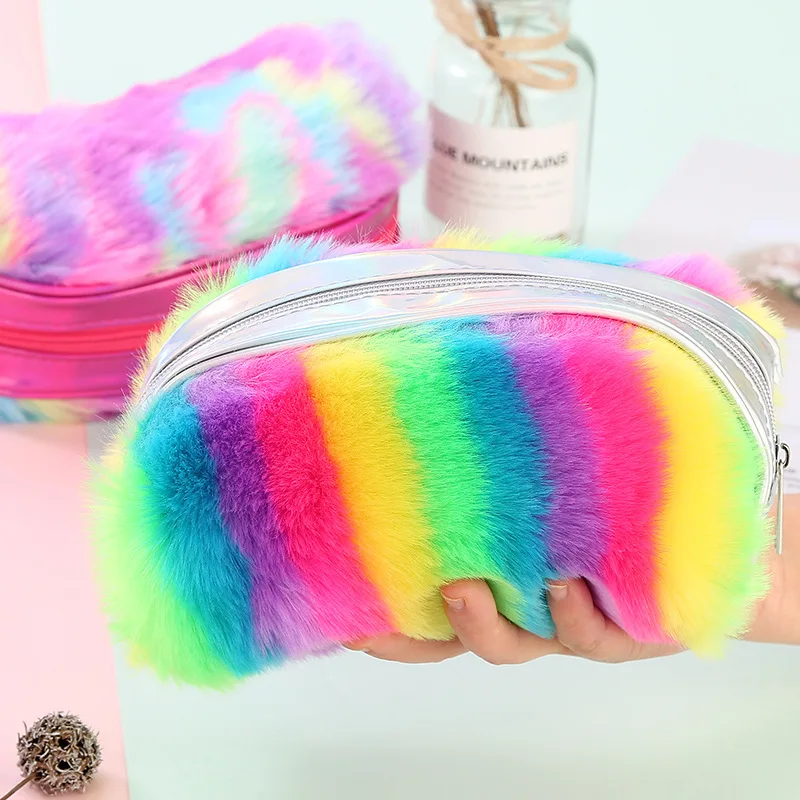 Plush School Pencil Case Colorful Rainbow Pen Box for Girl Pencilcase Large Cartridge Cosmetic Makeup Penal Bag Stationery Pouch