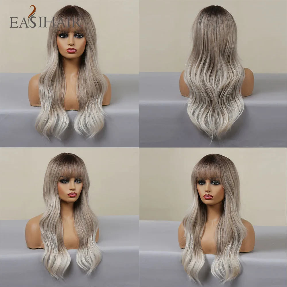 EASIHAIR Ombre Gray Ash Wavy Wigs with Bang Light Blonde Platinum Synthetic Long Hair for Women Daily Party Heat Resistant Fiber