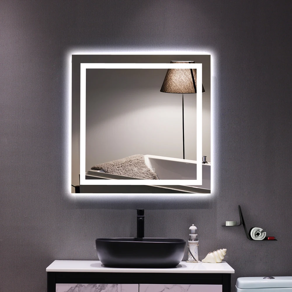 

Bathroom Mirror with Led Light Glass Mirror Square Touch LED Anti-fog Easy to install Tricolor Dimming Lights 32*32"[US-W]