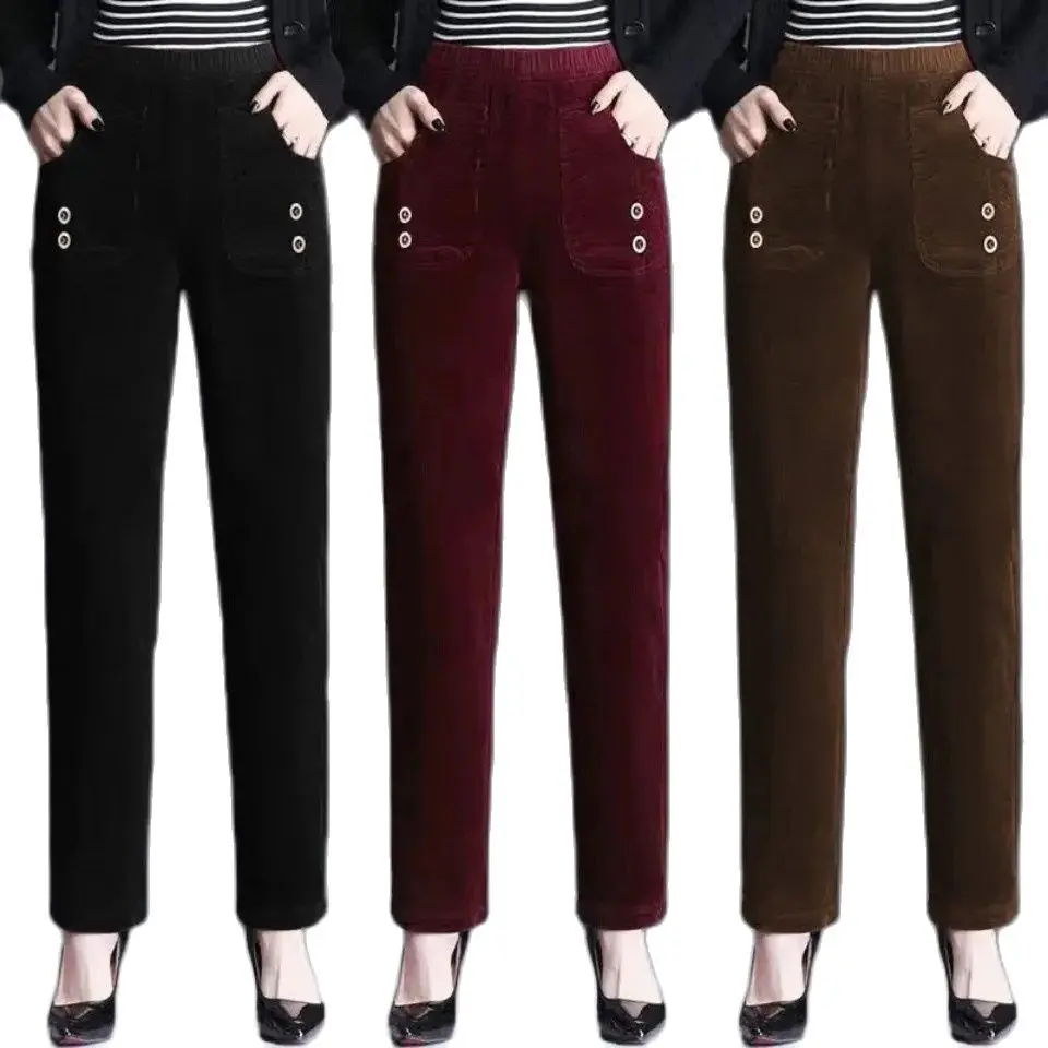 

Women Corduroy Pants Autumn Winter Elastic High Waist Casual Pants Middle Aged Female Loose Thicken Straight Trousers