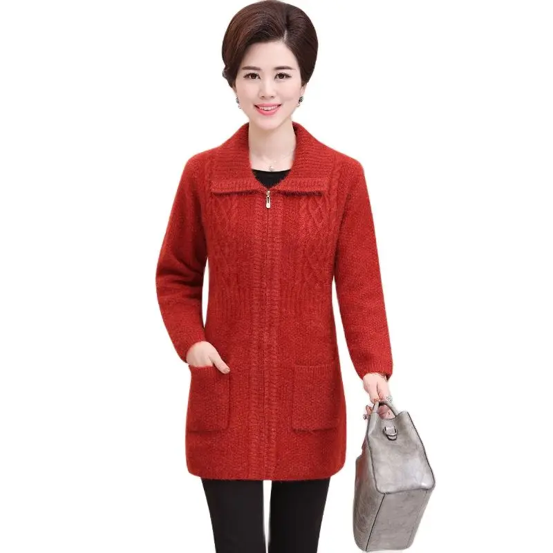 

Knitted Sweater Female Middle-Aged Elderly Women's Mothers Autumn winter New Long Knitted Coat Tops Casual Zipper Spring Jacket