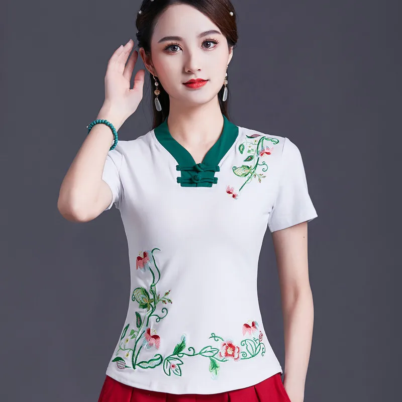 UHYTGF Vintage Women\'s 6XLOversized T-Shirt Fashion Embroidered V-neck Short Sleeve Summer Clothes Slim Female Tops T-Shirt 1451