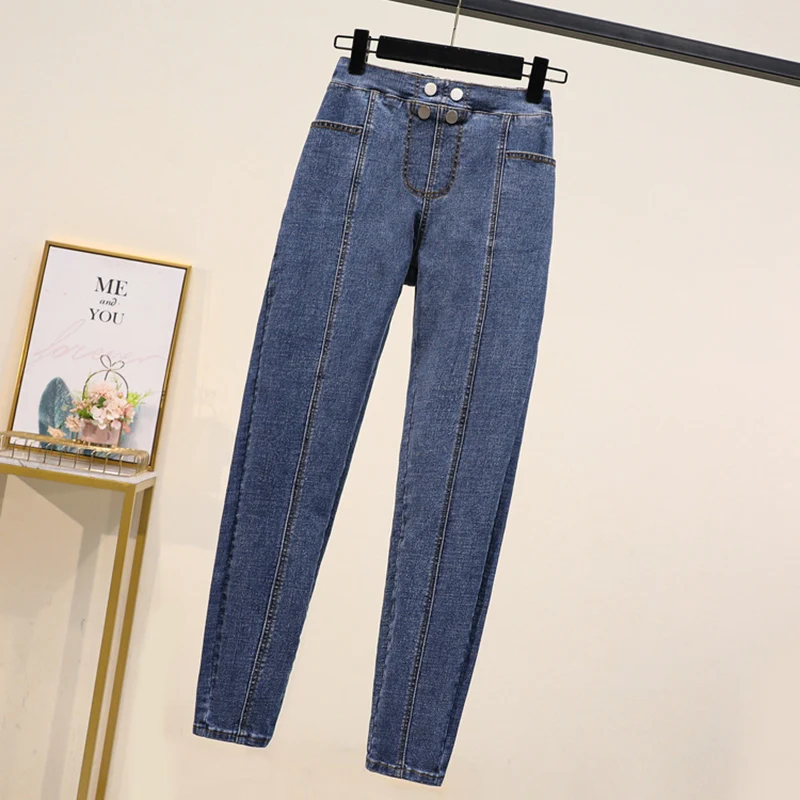 Plus size estiramento jeans feminino 2024 primavera outono grande elástico de cintura alta denim lápis calças oversized na moda feminina