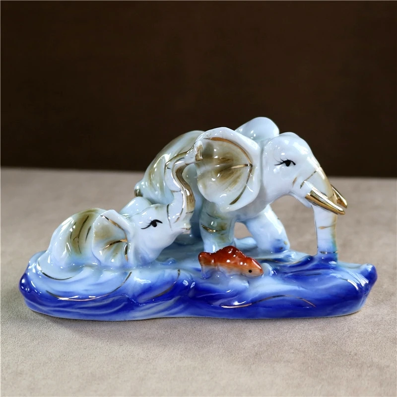 Creative Porcelain River Ferry Elephant Lovers Figurine Ceramic Migration Elephant Miniature Fish Decor Gift Craft Adornment