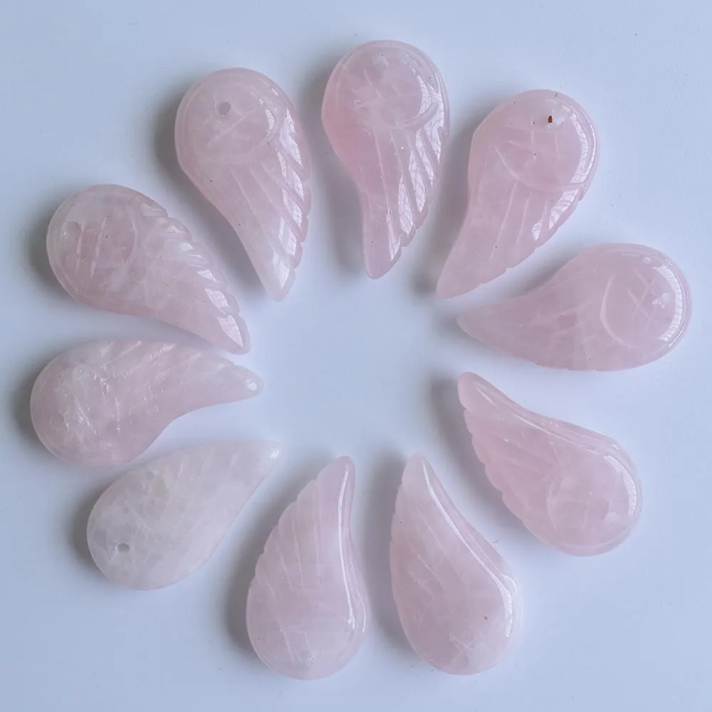 Großhandel 12 Stück/Set Modische, hochwertige, aus natürlichem rosa Kristallstein geschnitzte Engelsflügel-Anhänger für die Schmuckherstellung, kostenlos. – Detail 1