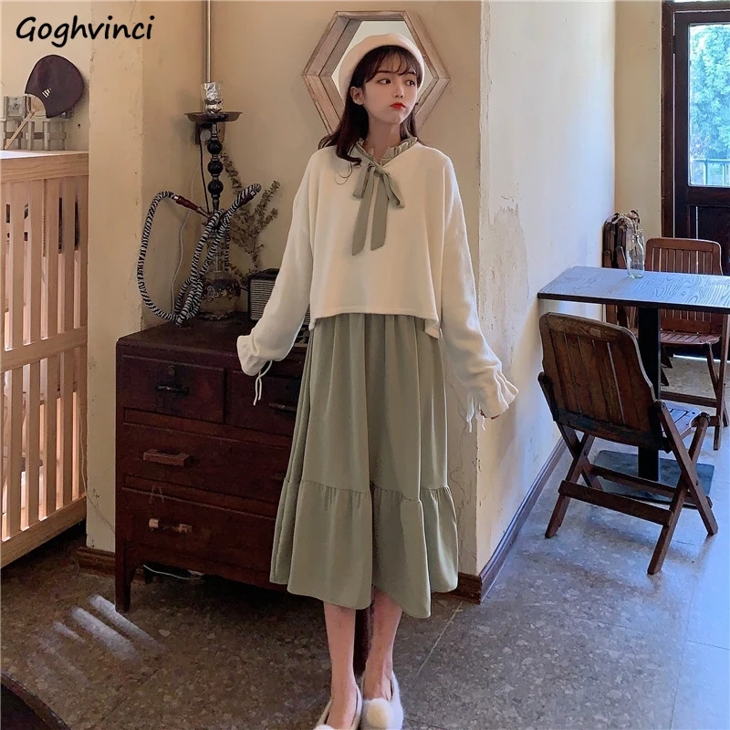 Women Dresses New Bows Retro Breathble Kawaii Korean Style Casual Soft Daily Womens Chic Vintage Sweet Party Pleated Drawstring