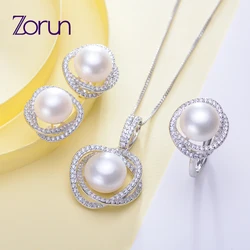Zorun- Genuine Natural Freshwater Pearl Wedding Jewelry Sets 11-12MM with 925 Sterling Silver Ring Sets for Women