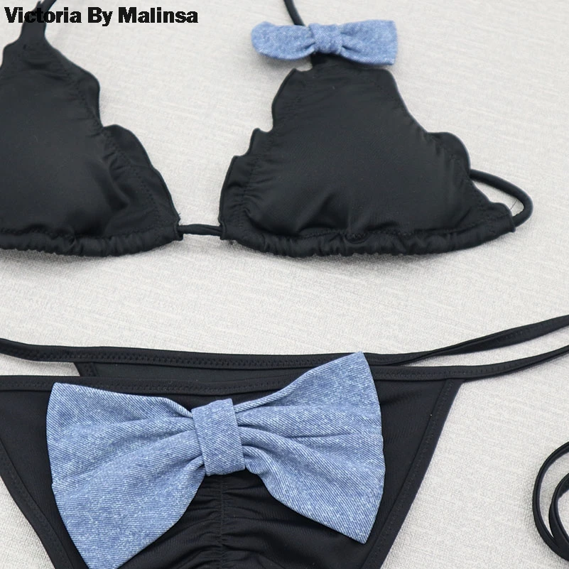 Summer Women Bow Triangle Bikini Set Black Secret Swimsuit Biquini Thong Bottom brazilian Bathing Suit Cheeky Swimwear