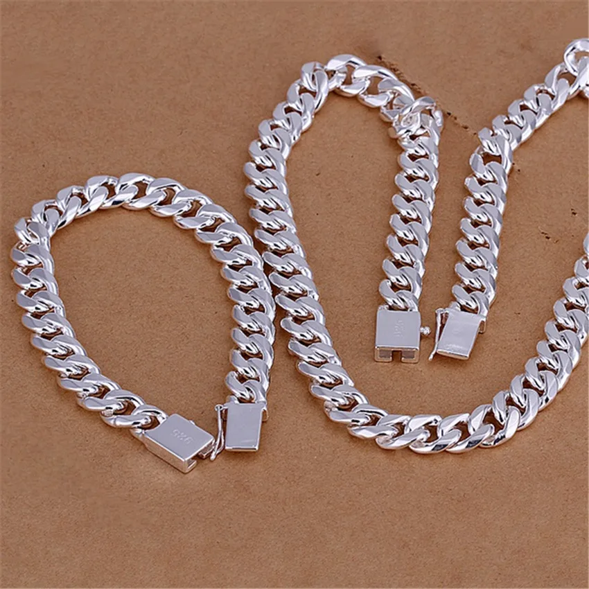 Hot new 925 sterling Silver classic 10MM kwadratowy łańcuch bransoletki naszyjnik zestaw biżuterii dla mężczyzn 20/22/24 inch Fashion Party prezenty