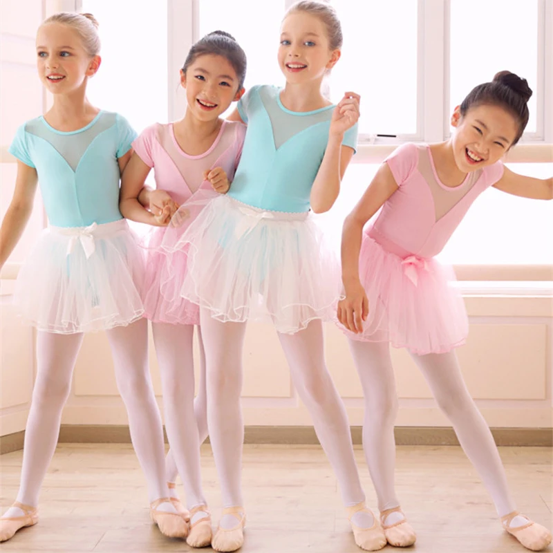 Meisjes Ballet Turnpakje Gymnastiek Bodysuit Mesh Splice Kostuums Kinderen Korte Mouw Chiffon Tutu Jurk Kinderen Ballet Dans Slijtage