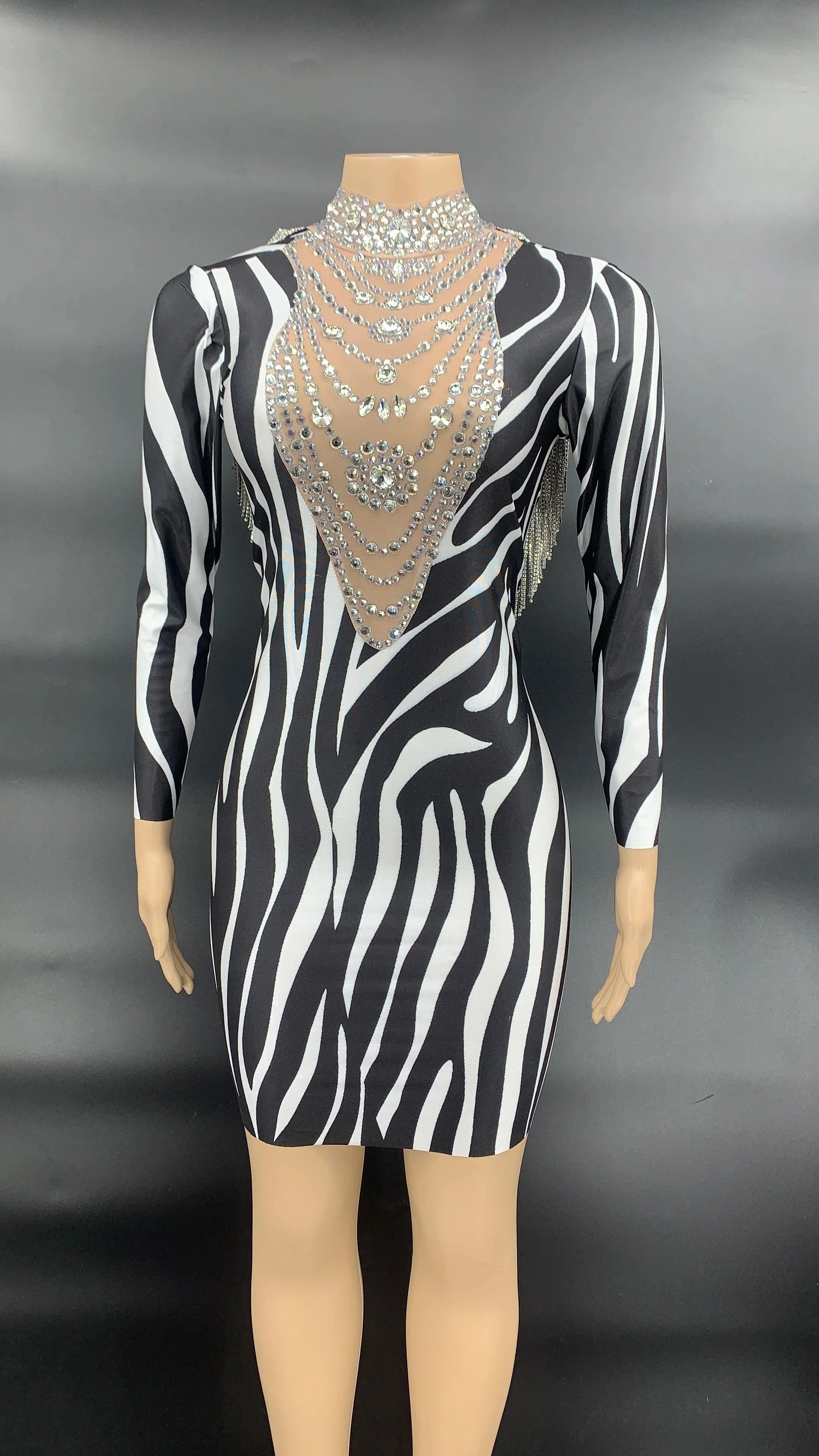 

Female Singer Show Wear Rhinestones Zebra Printed Backless MINI Dress Prom Celebrate Party black Dress