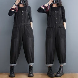 Casual Harajuku Black Denim Jumpsuits Women Loose Wide Leg Plus Size Jeans Overalls Harajuku Single-breasted Straps Baggy Pants