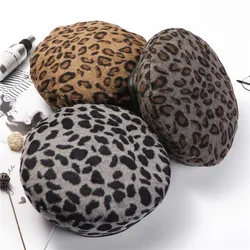 Autumn Classic Leopard Print Rabbit Fur Leather Stitching Female Beret Fashion Outing Painter Woman's Pumpkin Cap Octagonal Hat