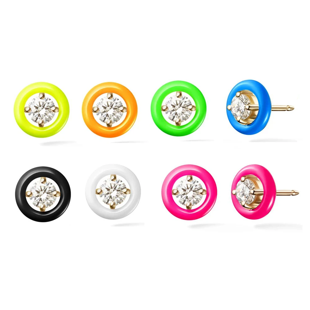 Fluorescent Neon Enamel Colorful Rainbow Jewelry Simple Classic Geometric Round Shaped Single White CZ Stud Earring For Girl