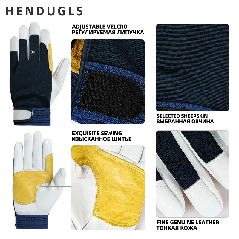 HENDUGLS-Men\'s Sheepskin Leather Work Gloves, Soft Construção Luvas de Proteção, Novo, Frete Grátis, Atacado, 3005MY, 5Pcs