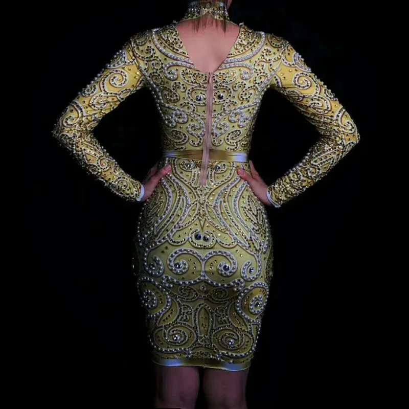 

Ночной клуб DJ певица танцовщица сценические наряды Кристиа Белла золотые стразы женское платье жемчуг сексуальное облегающее эластичное праздничное платье