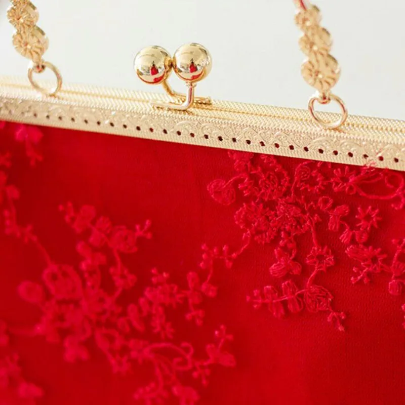 Canvas Lace Ladies Evening Bags for Women Wedding Party Handbag Vintage Red Clutch Purses Metal Frame Kiss Lock Shoulder Bag