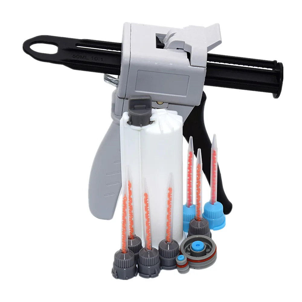 

50ml Glue Adhensive Caulking Gun 10:1 AB Glue Gun with 7pc 10:1 Static Mixing Nozzle and 50ml 10:1 Empty Dual-Barrel Cartridge