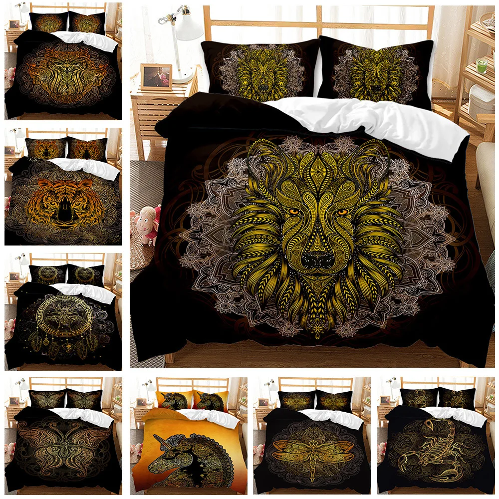 3D Animals Lion TIiger Bohemian Style Quilt Cover Sets Black Linens Bed Pillow Shams King QueenDouble Full Size for Home