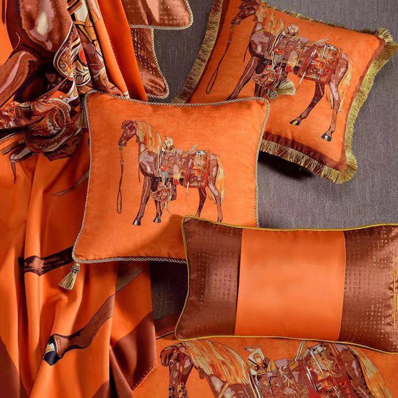 

High Precision Velvet Fabric Luxury Orange Horse Series Home Sofa Cushion Cover Pillowcase Without Core for Living Room Bedroom