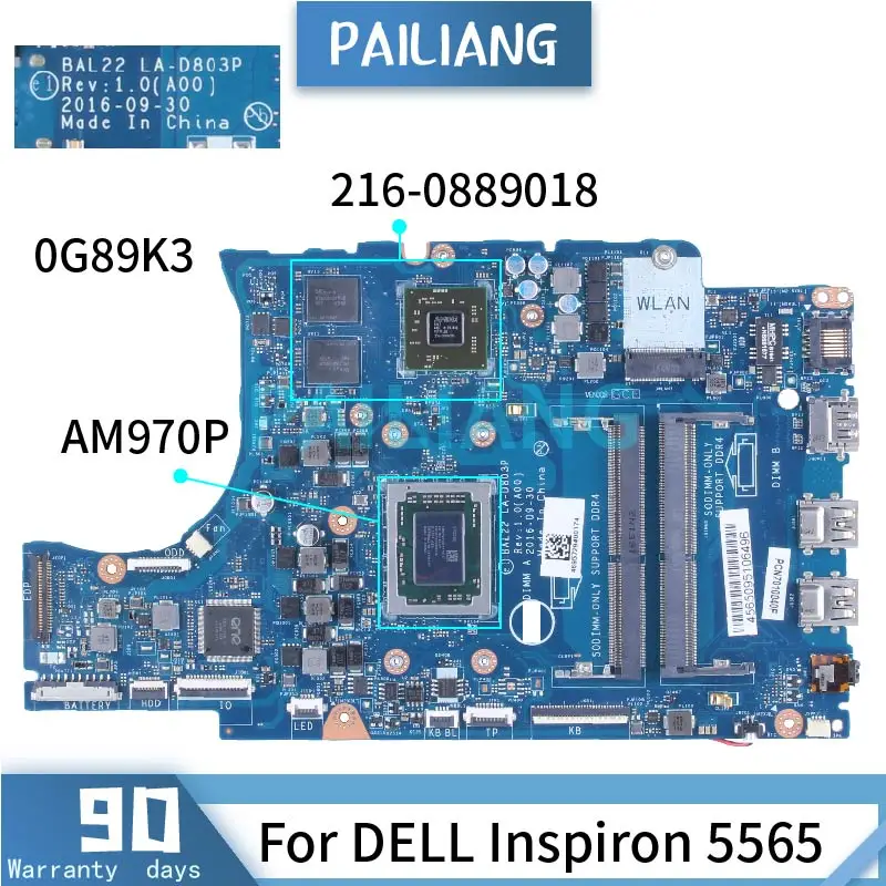 

AM970P For DELL Inspiron 5565 Laptop Motherboard 0G89K3 LA-D803P 216-0889018 DDR4 Notebook Mainboard