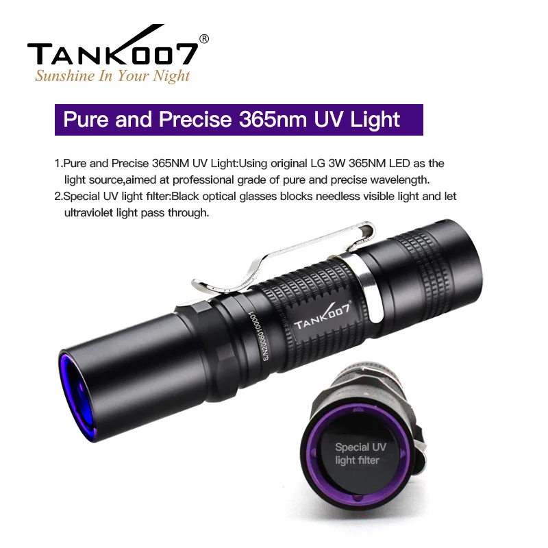 TANK007 NDT Anti-Counterfeiting 365nm UV Flashlight Blacklight Torch LED Ultraviolet Light GEL Curing Lamps AA Battery Portable