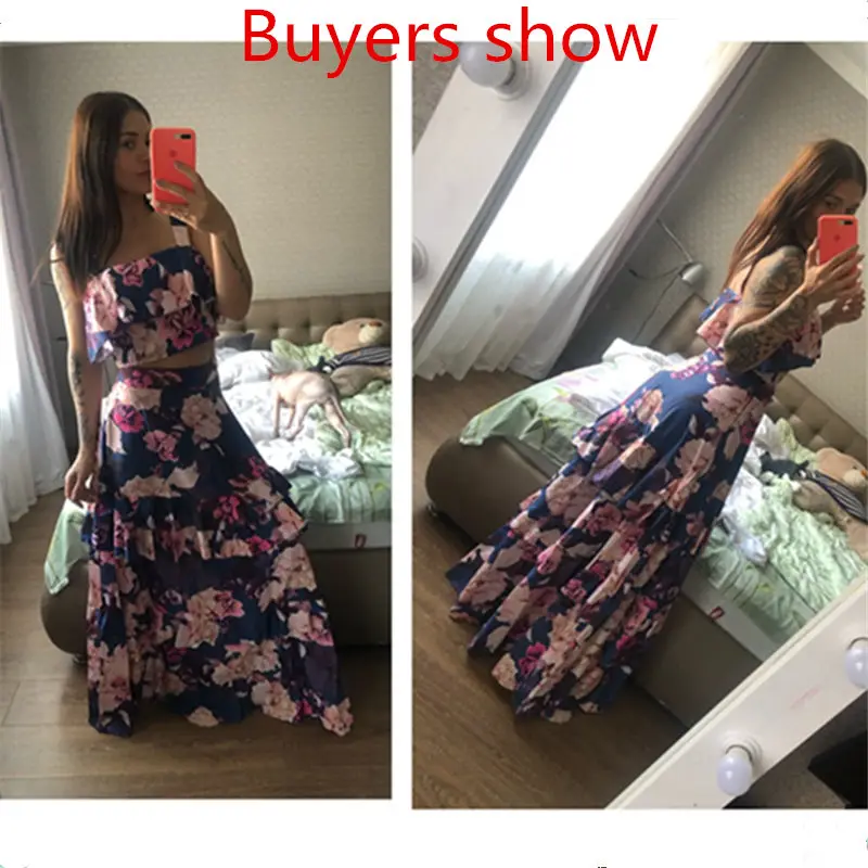 Women Summer Boho Beach Two Piece Set Sexy Skirt Set Crop Top+Maxi Long Skirt Floral Printed Ruffles High Waist Casual Two Piece