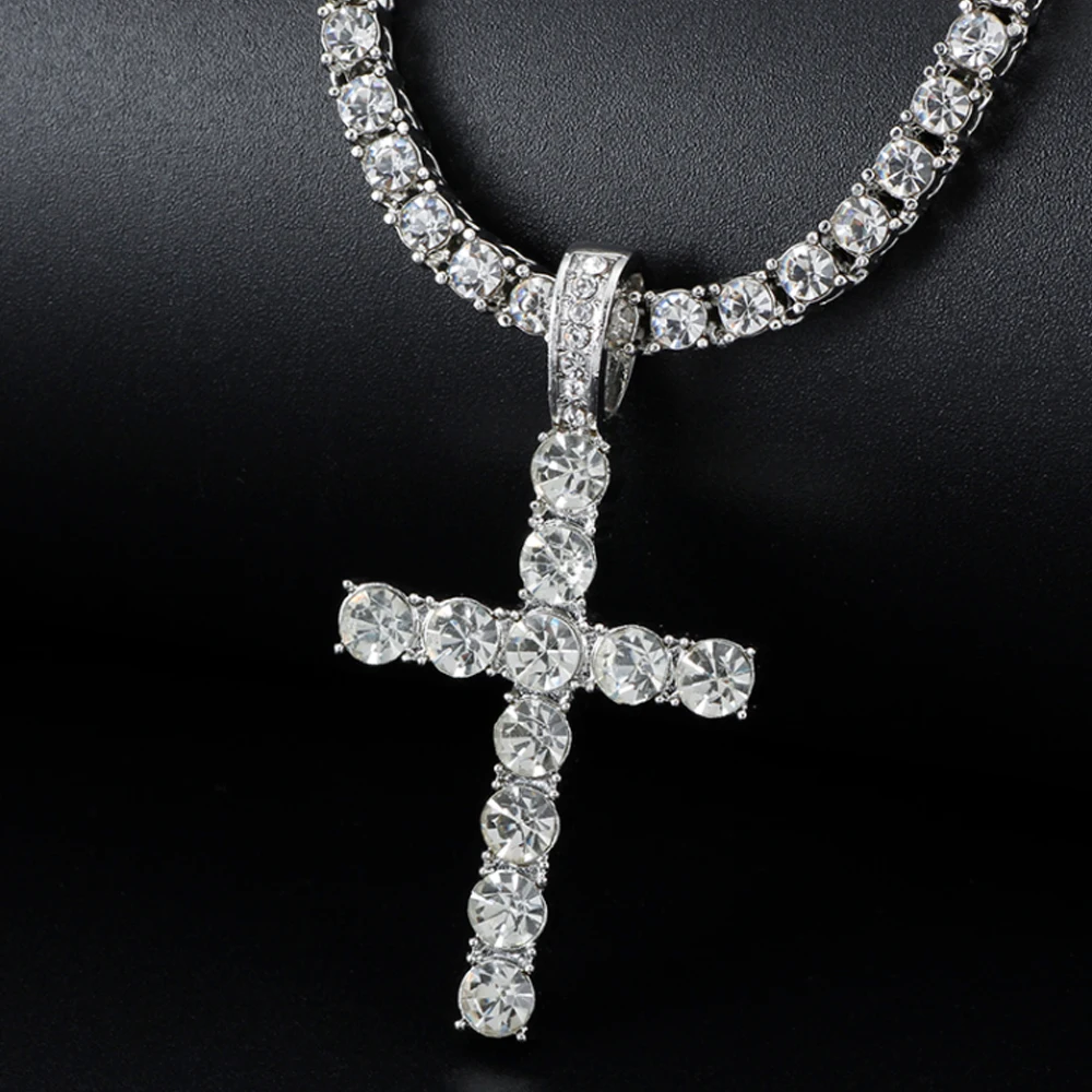 Men Women Hip Hop Cross Shiny Pendant With 4mm Zircon Tennis Chain Charm Iced Out Bling Exquisite Necklace Jewelry Fashion Gift