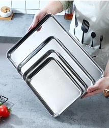 Rectangular Thicken Steaming Plates Stainless Steel Cake Bread Pan Food Vegetables Storage Drain Tray Kitchen Baking Accessories