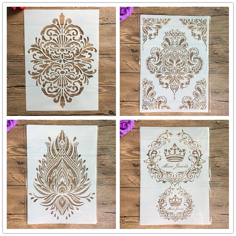 4pcs / set A4 Mandala vintage pattern flowers Stencils Painting Coloring Embossing Scrapbook Album Decorative Template stencil