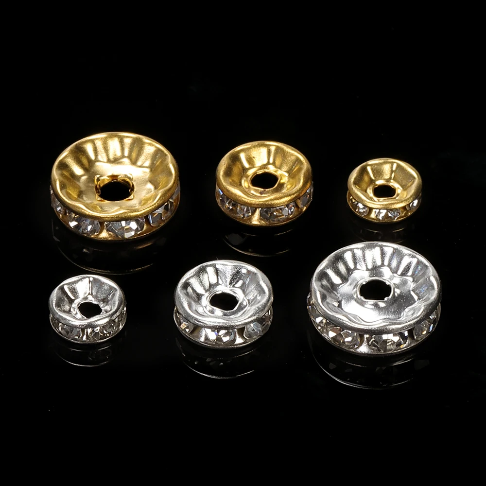 100 Uds 4/6/8 / 10mm oro plata diamantes de imitación Rondelles cuentas de cristal cuentas espaciadoras redondas sueltas para hacer joyas accesorios de bricolaje