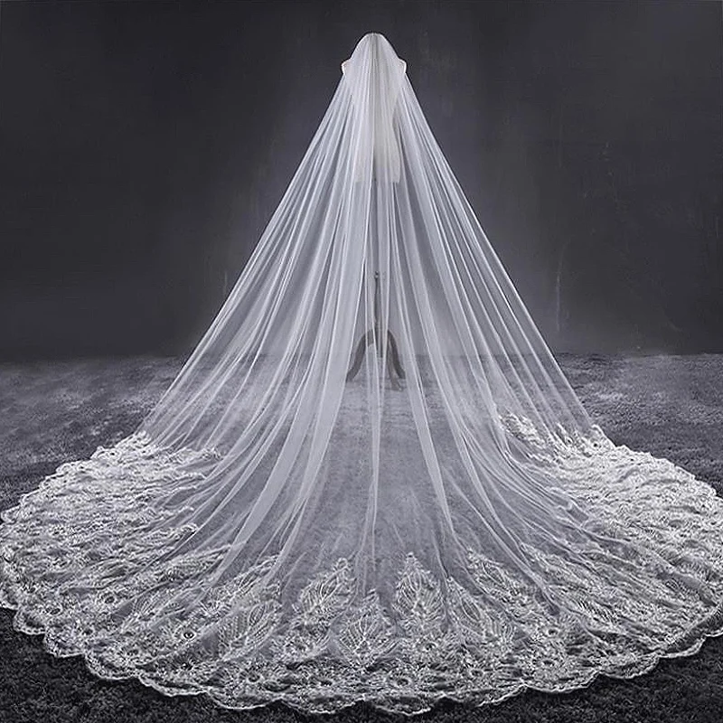 

4 M One Layer Wedding Veils With Comb Vintage Tulle Beaded Lace Edge Cathedral Crystal Applique Long Bridal Accessories New