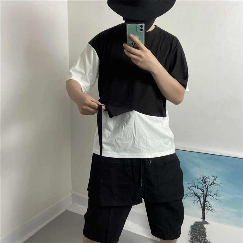 Men's Short Sleeve T-Shirt Summer New Personality Splicing Color False Two Irregular Leisure Loose Large Size Half Sleeve