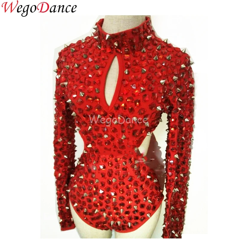 

New Women Red Rhinestones Rivet Long Sleeve Bodysuit Sexy Singer Dance Costume Freeshipping