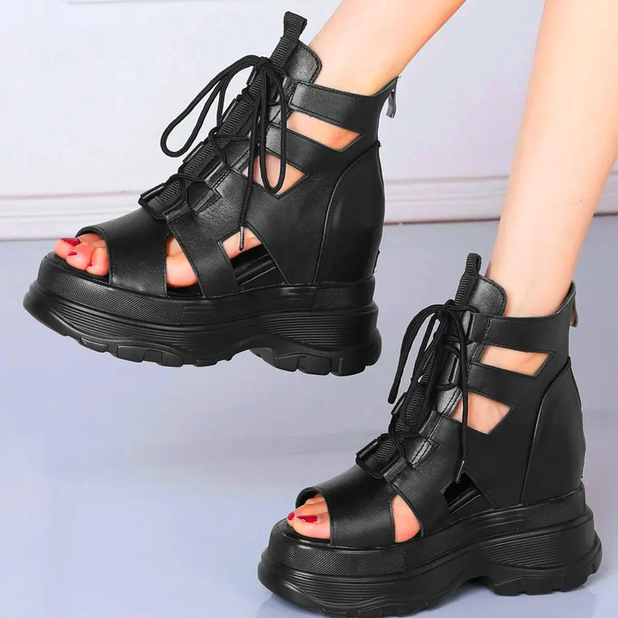 

Strappy Gladiators Women Genuine Leather Platform Wedge Sandals Open Toe Summer Ankle Boots Punk Party Pumps Increasing Height