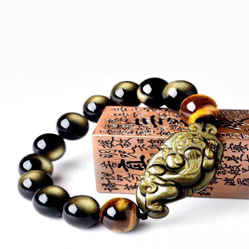 Natural Golden Obsidian Stone Bracelet Round Beads with Dream Pixiu Crystal Bracelets for Men Women Jewelry JoursNeige