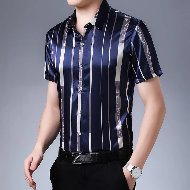 New 2020 Summer Male Silk Clothes Fashion Striped Silk Shirt Short Sleeve Mens Casual Satin Silk Dress Shirts