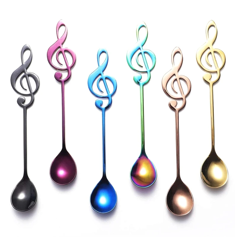 HOT-Music Note Spoons 6-Pack Creative Cute Teaspoons 18/10 Stainless Steel Staff Musical Notation Shaped Coffee Spoons