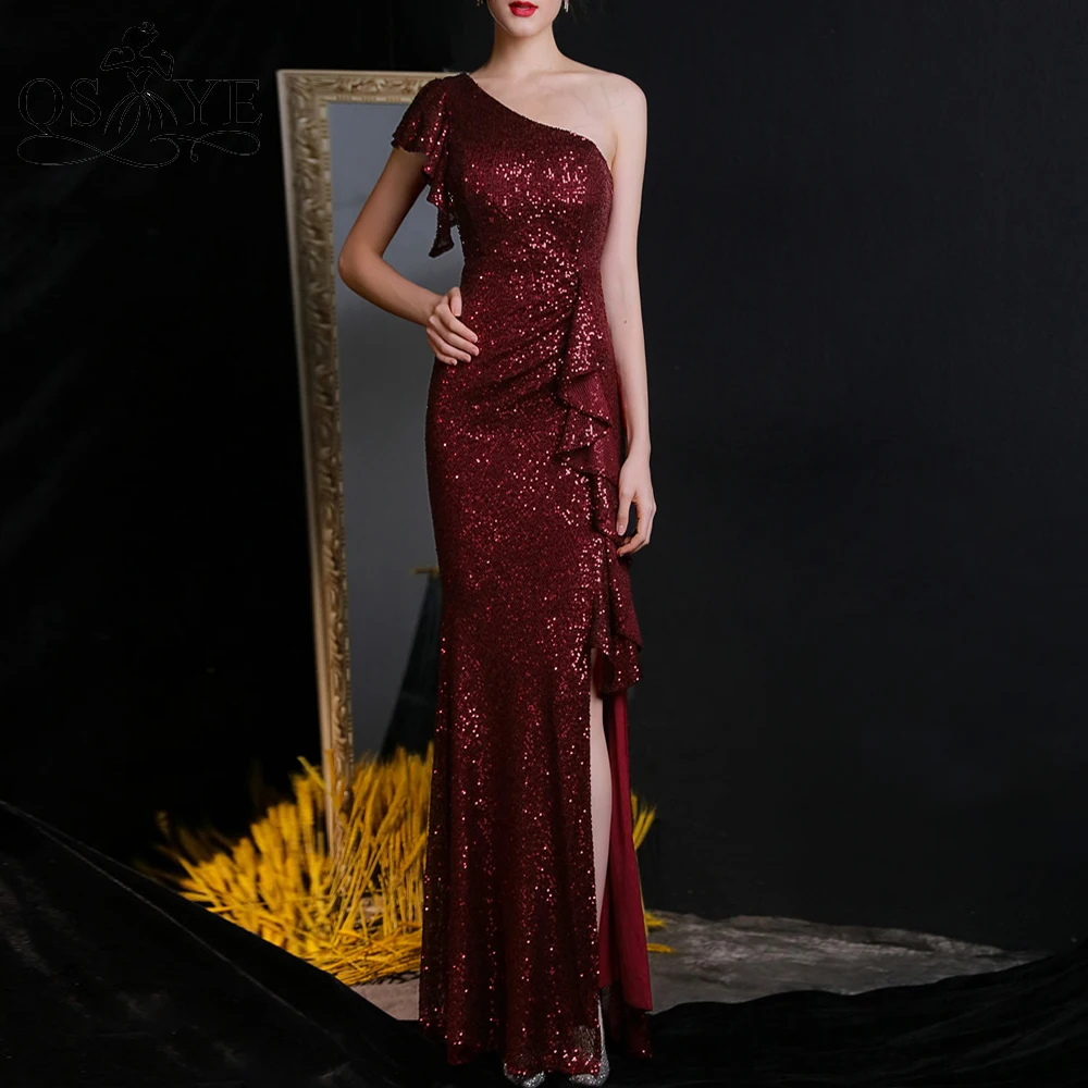 

Burgundy One Shoulder Prom Dresses Ruffles Sequin Sheath Evening Gown Short Sleeves Sexy Split Glitter Sequin Formal Party Gown