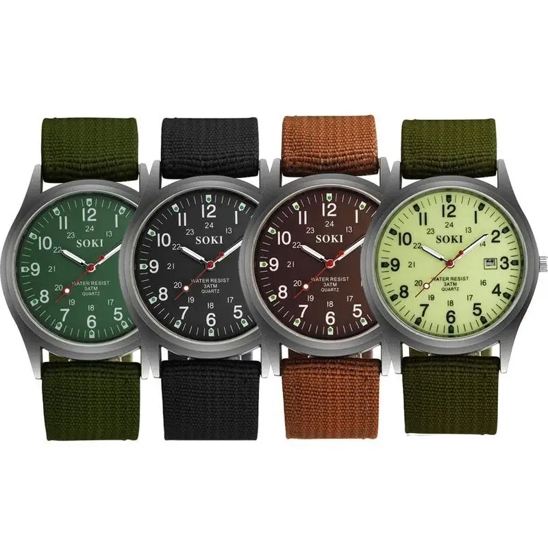 Montre de terrain pour homme, mains shoes, ceinture en toile tissée, vert structurels ent, montre pour homme, cadeau d'affichage de la semaine du calendrier, mode masculine