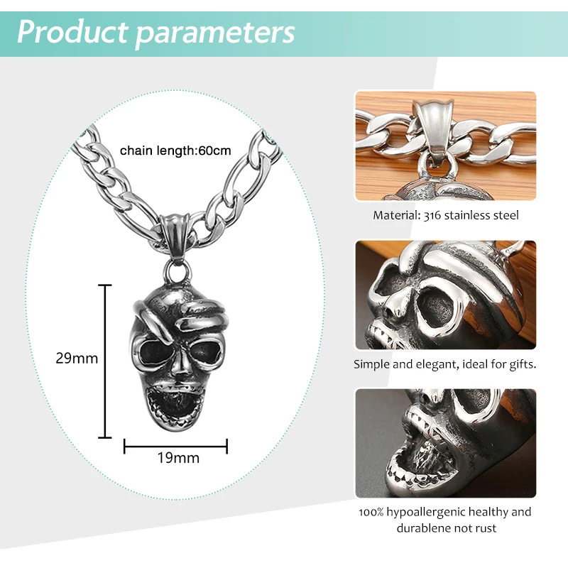 Men's Skull Pendant Necklace Stainless Steel Motorcycle Enthusiast Rock Punk Skeleton Charm Chain Necklace Choker Male Jewelry