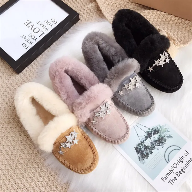 2022 Shoes Women 100% Natural Fur Shoes Moccasins Loafers Soft Genuine Leather Leisure Flats Female Casual Footwear Snow Boots