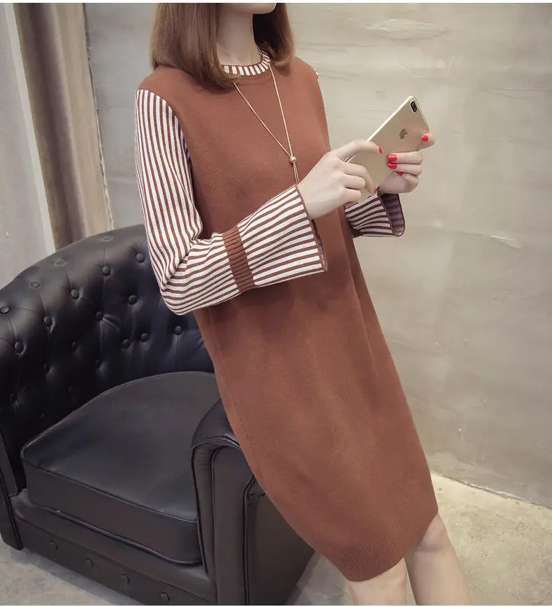 Autumn And Winter New Sweater Round Neck Dress Korean Version Of Loose Fashion Women Hedging Base Mid-length Knitted Dress