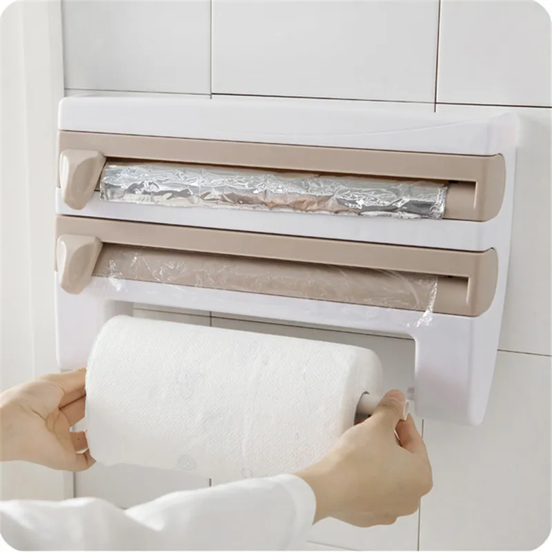 

Kitchen Cling Film Cutting Holder Plastic Cutting Rack Wrap Cutter Tin Foils Paper Towel Holder Kitchen Shelf Hang Holder