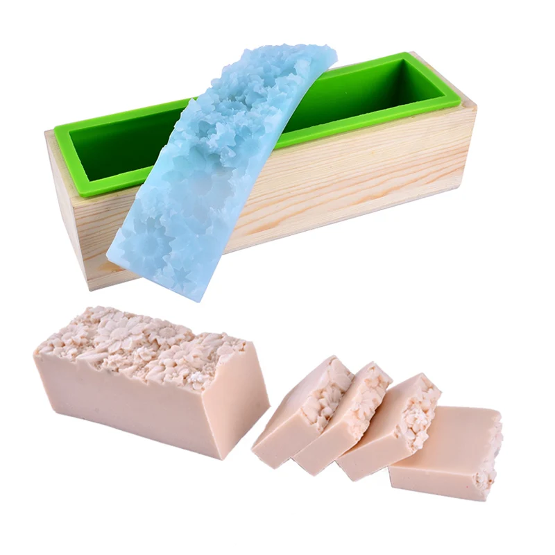 Boowan Nicole Soap Mold Flexible Silicone Liner Mould with Wooden Box and Embossed Mat DIY Handmade Soap Making Supplies