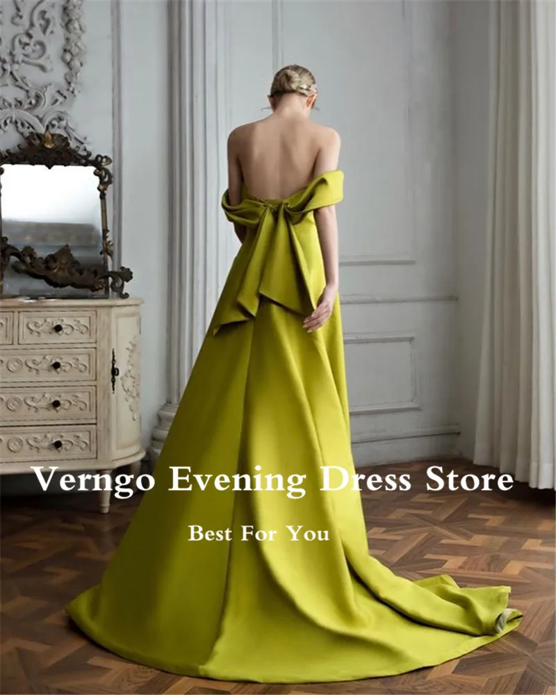 Verngo Simple Army สีเขียวซาตินชุดราตรียาวปิดไหล่ Backless Prom Gowns 2021อย่างเป็นทางการชุดชื่อเสียง