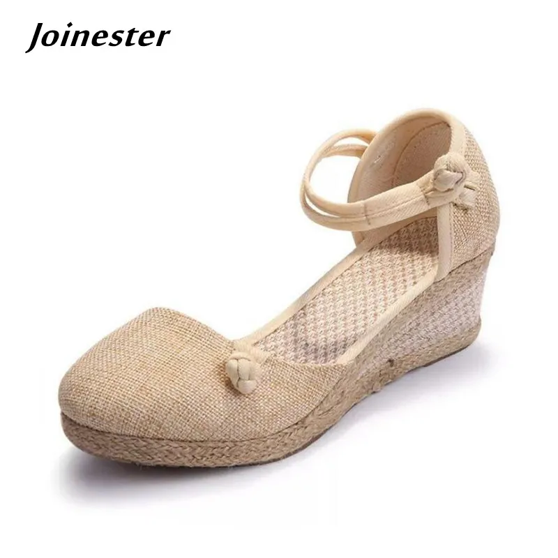 Pure Color Linen Sandals for Women Summer Wedge Pumps Ladies Ankle Strap Retro High Heels Casual Dress Shoes босоножки женские